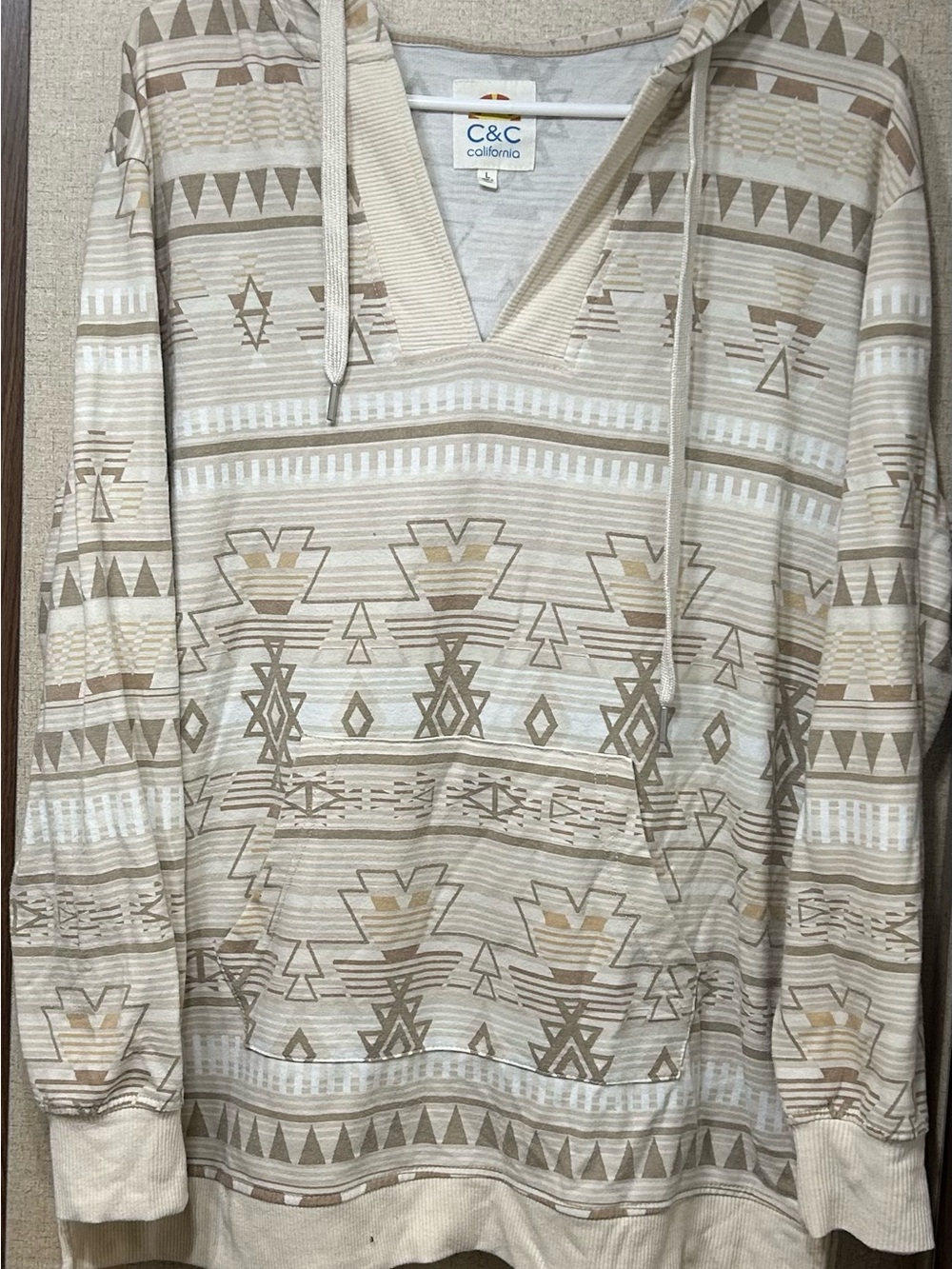 C&C California Men's Beige and Tan Aztec V-Neck Hoodie Sweater